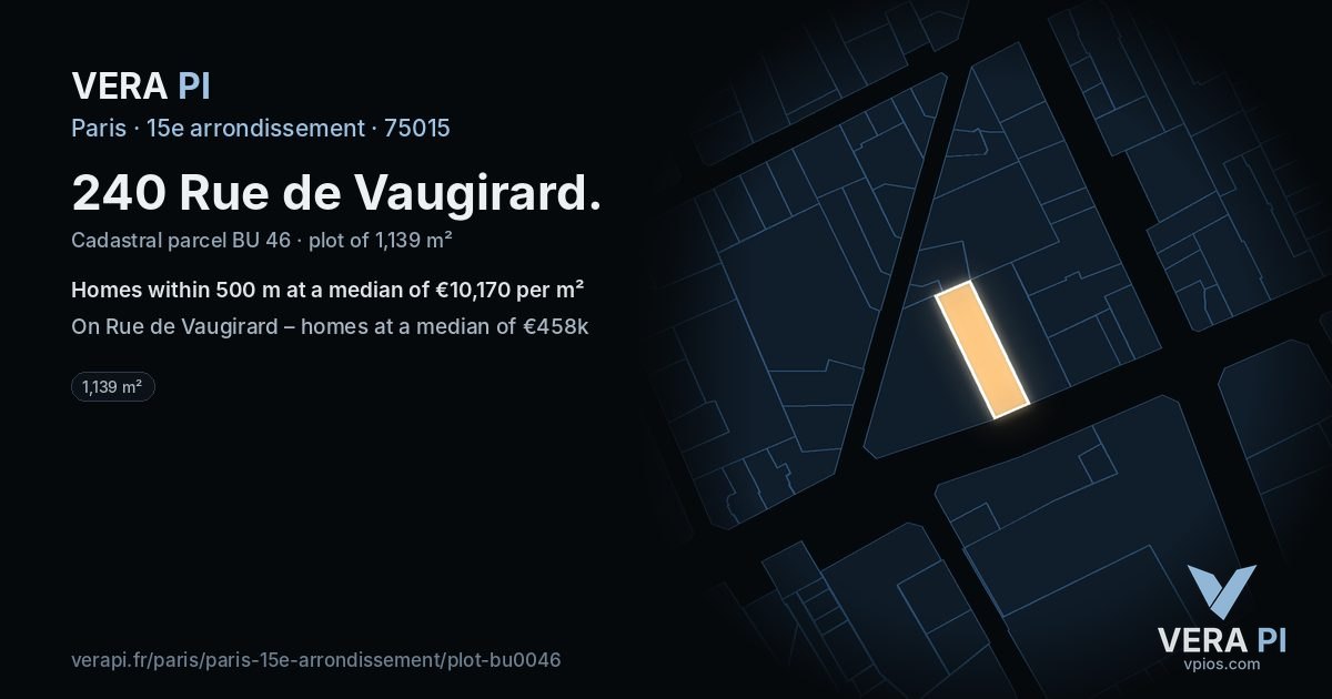 240 Rue de Vaugirard, 15e arrondissement at night – the plot lit, the parcels around coloured by the prices near them