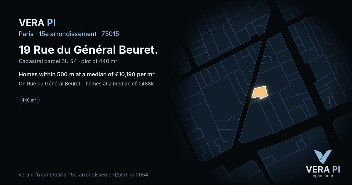 19 Rue du Général Beuret, 15e arrondissement at night – the plot lit, the parcels around coloured by the prices near them