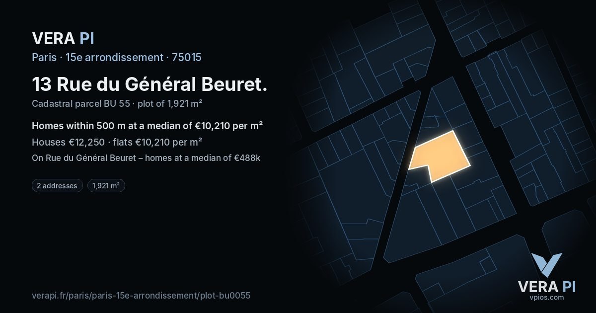 13 Rue du Général Beuret, 15e arrondissement at night – the plot lit, the parcels around coloured by the prices near them