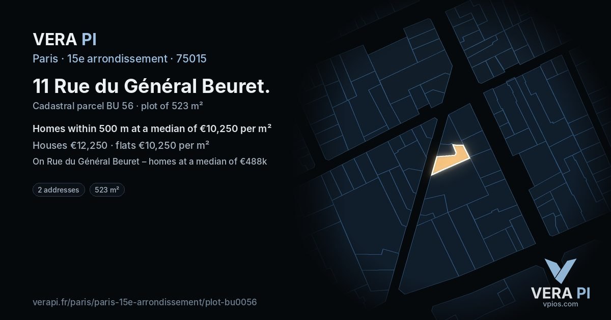 11 Rue du Général Beuret, 15e arrondissement at night – the plot lit, the parcels around coloured by the prices near them