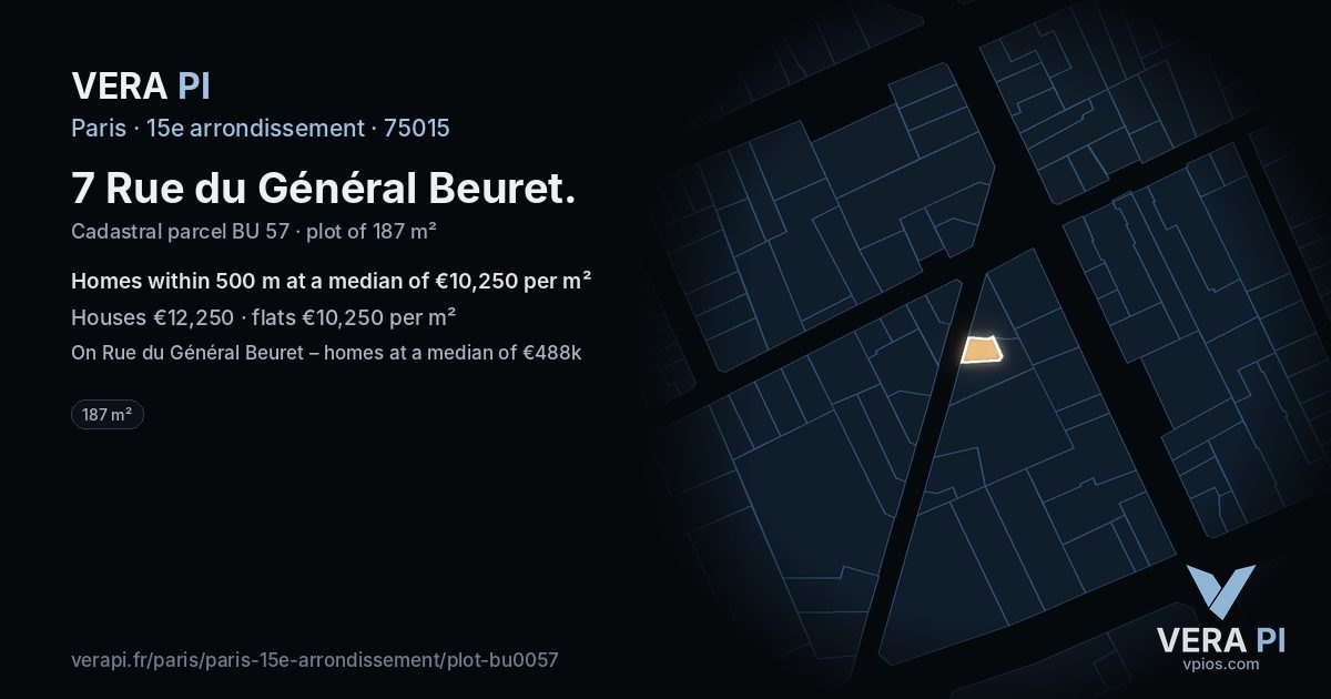 7 Rue du Général Beuret, 15e arrondissement at night – the plot lit, the parcels around coloured by the prices near them