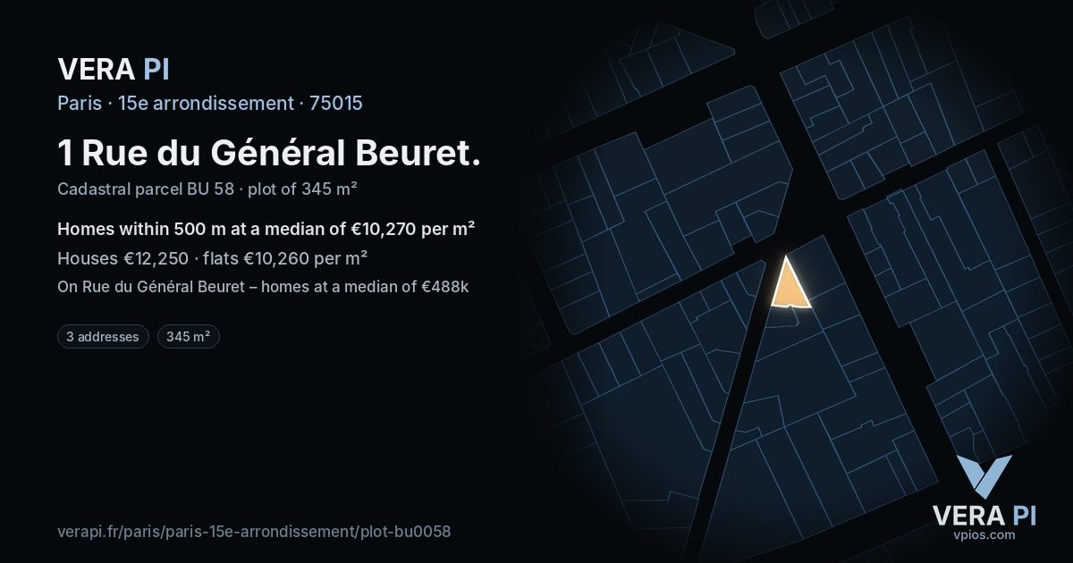 1 Rue du Général Beuret, 15e arrondissement at night – the plot lit, the parcels around coloured by the prices near them