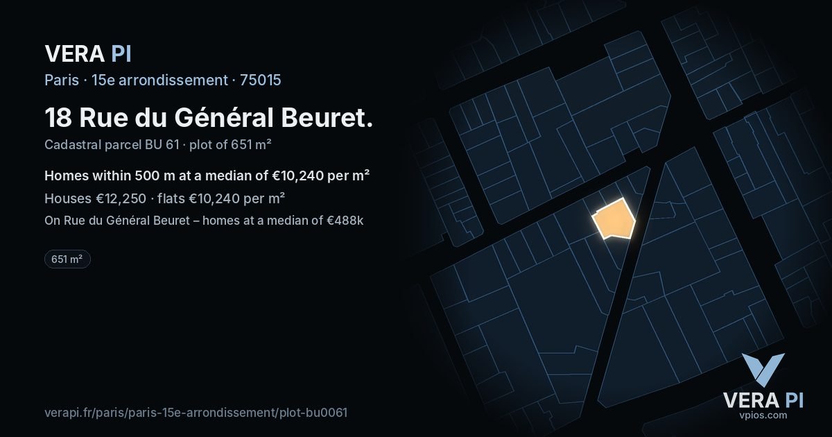 18 Rue du Général Beuret, 15e arrondissement at night – the plot lit, the parcels around coloured by the prices near them