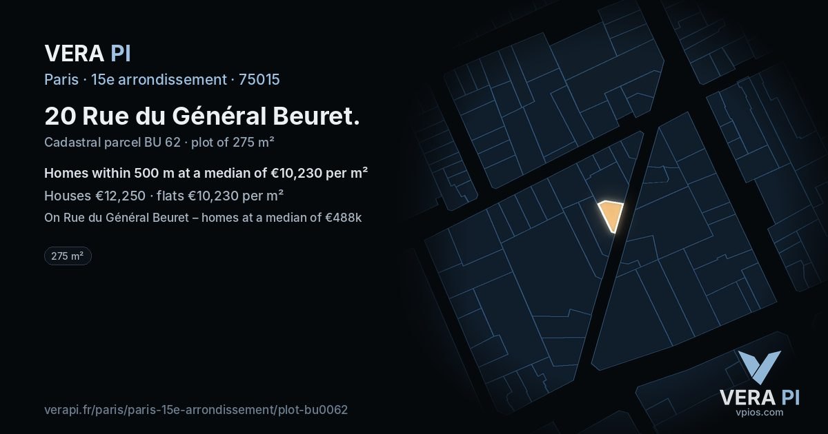 20 Rue du Général Beuret, 15e arrondissement at night – the plot lit, the parcels around coloured by the prices near them