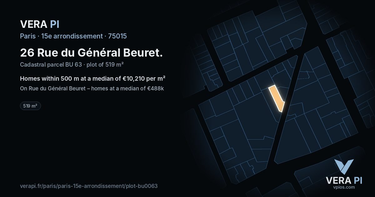 26 Rue du Général Beuret, 15e arrondissement at night – the plot lit, the parcels around coloured by the prices near them