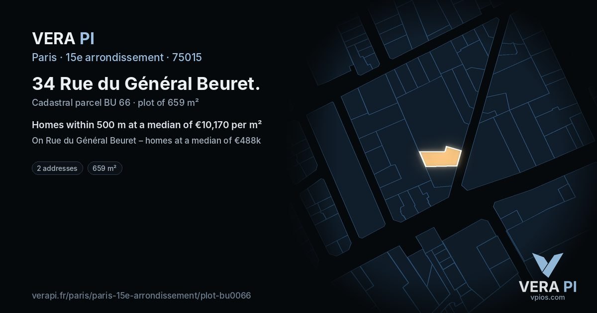 34 Rue du Général Beuret, 15e arrondissement at night – the plot lit, the parcels around coloured by the prices near them