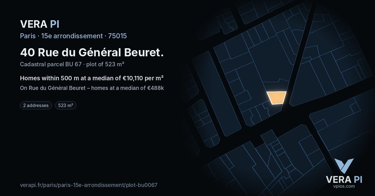 40 Rue du Général Beuret, 15e arrondissement at night – the plot lit, the parcels around coloured by the prices near them