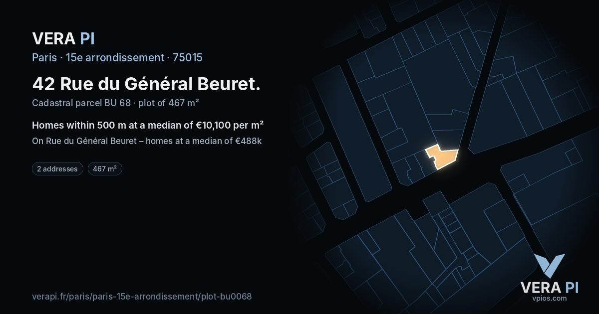 42 Rue du Général Beuret, 15e arrondissement at night – the plot lit, the parcels around coloured by the prices near them