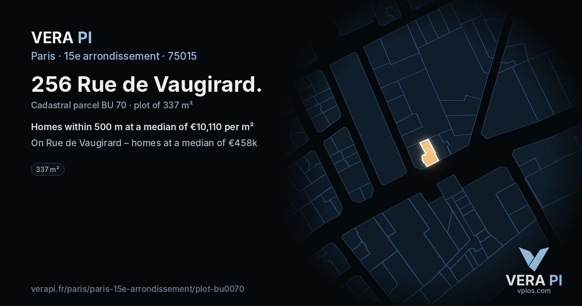 256 Rue de Vaugirard, 15e arrondissement at night – the plot lit, the parcels around coloured by the prices near them