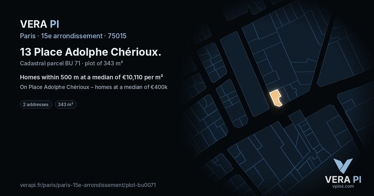 13 Place Adolphe Chérioux, 15e arrondissement at night – the plot lit, the parcels around coloured by the prices near them