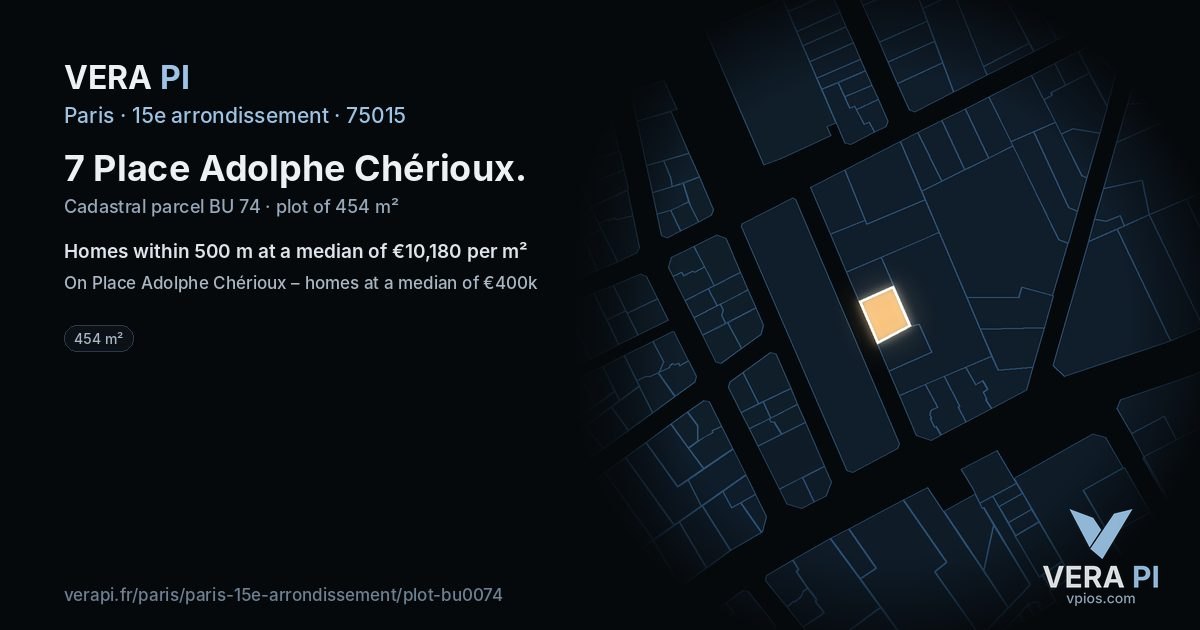 7 Place Adolphe Chérioux, 15e arrondissement at night – the plot lit, the parcels around coloured by the prices near them