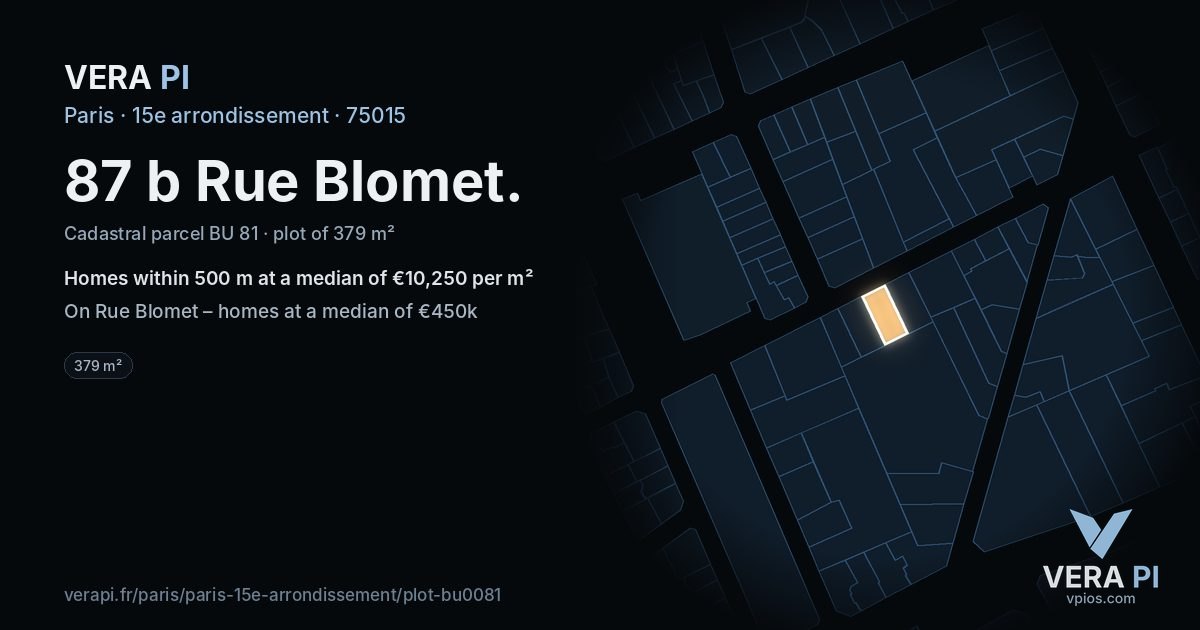 87 b Rue Blomet, 15e arrondissement at night – the plot lit, the parcels around coloured by the prices near them