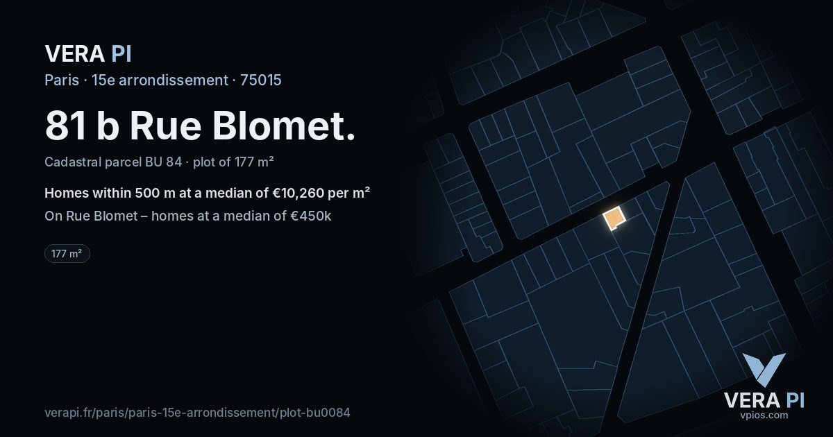 81 b Rue Blomet, 15e arrondissement at night – the plot lit, the parcels around coloured by the prices near them