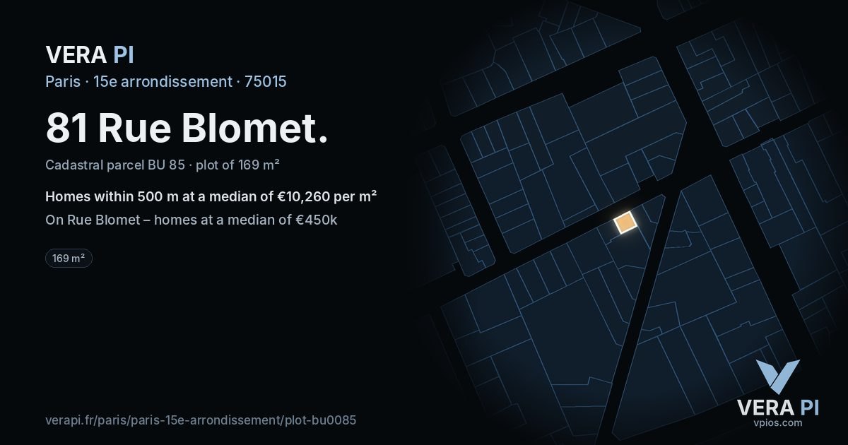 81 Rue Blomet, 15e arrondissement at night – the plot lit, the parcels around coloured by the prices near them
