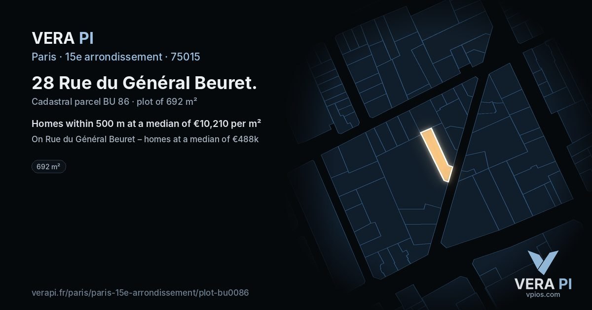 28 Rue du Général Beuret, 15e arrondissement at night – the plot lit, the parcels around coloured by the prices near them