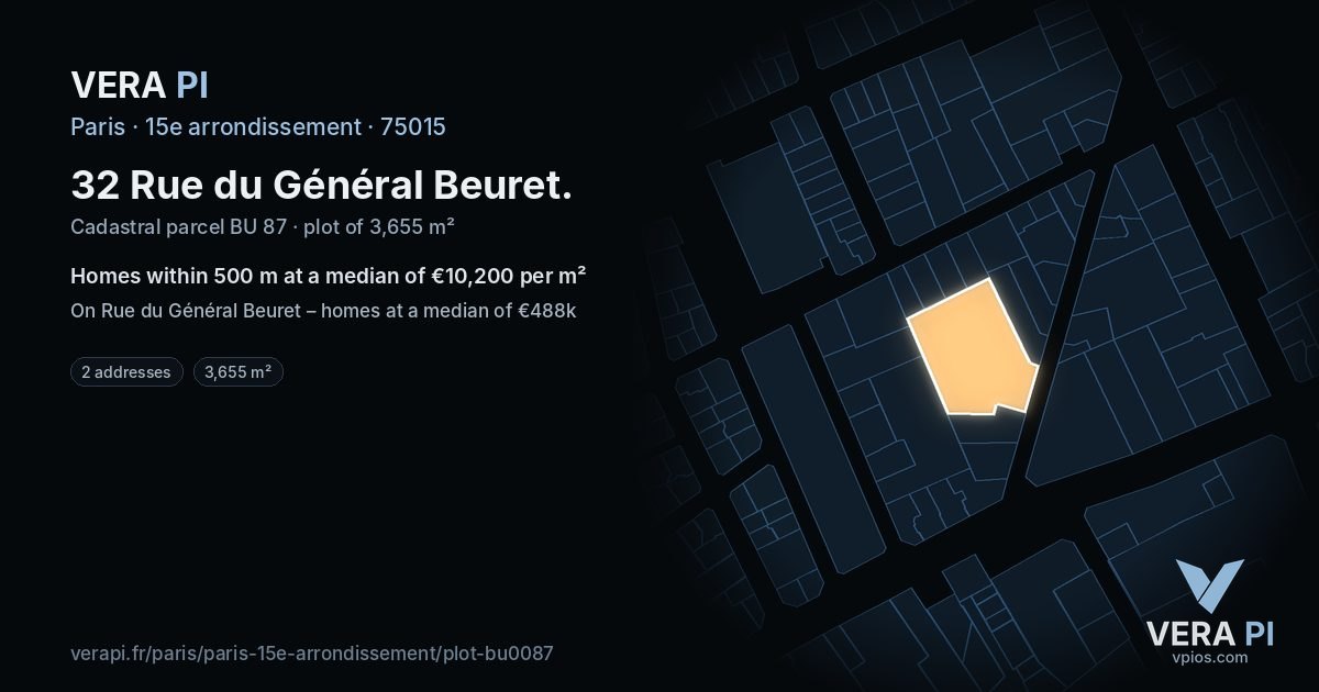 32 Rue du Général Beuret, 15e arrondissement at night – the plot lit, the parcels around coloured by the prices near them