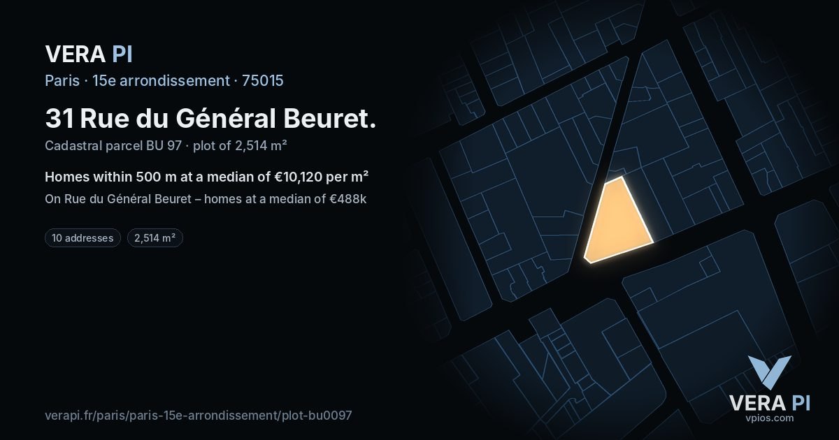 31 Rue du Général Beuret, 15e arrondissement at night – the plot lit, the parcels around coloured by the prices near them