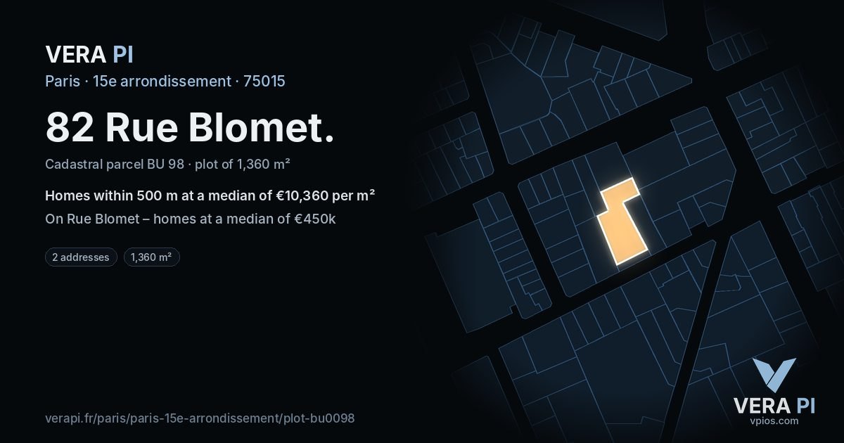 82 Rue Blomet, 15e arrondissement at night – the plot lit, the parcels around coloured by the prices near them