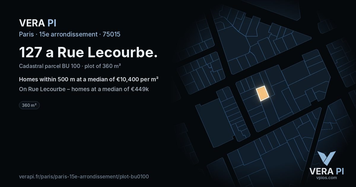 127 a Rue Lecourbe, 15e arrondissement at night – the plot lit, the parcels around coloured by the prices near them