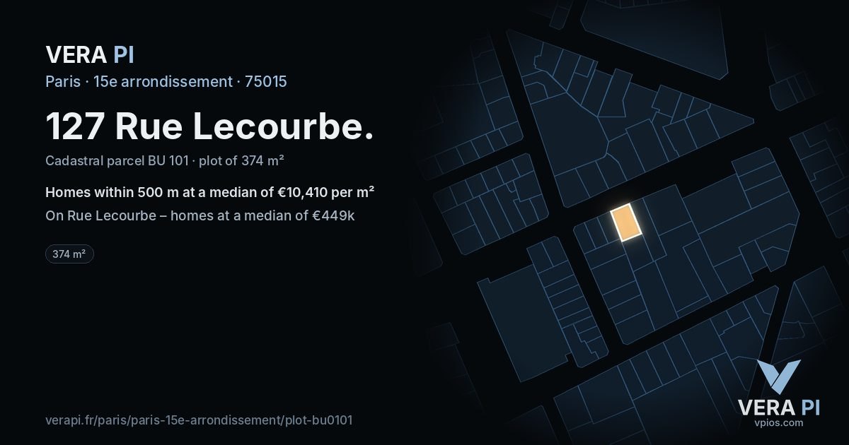 127 Rue Lecourbe, 15e arrondissement at night – the plot lit, the parcels around coloured by the prices near them