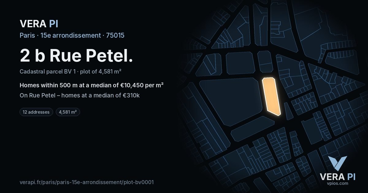 2 b Rue Petel, 15e arrondissement at night – the plot lit, the parcels around coloured by the prices near them