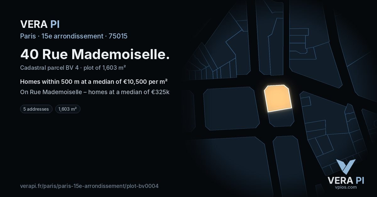 40 Rue Mademoiselle, 15e arrondissement at night – the plot lit, the parcels around coloured by the prices near them