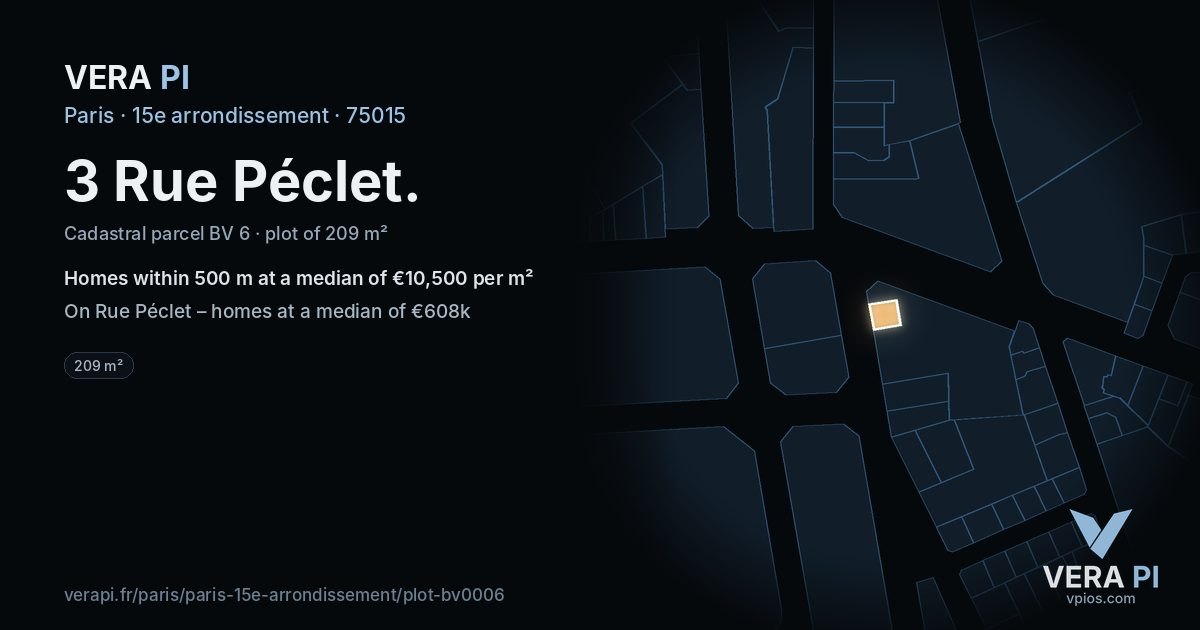 3 Rue Péclet, 15e arrondissement at night – the plot lit, the parcels around coloured by the prices near them