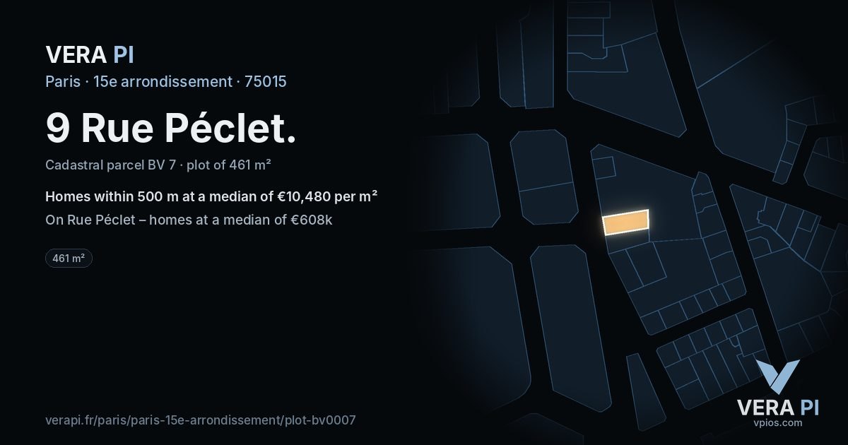 9 Rue Péclet, 15e arrondissement at night – the plot lit, the parcels around coloured by the prices near them
