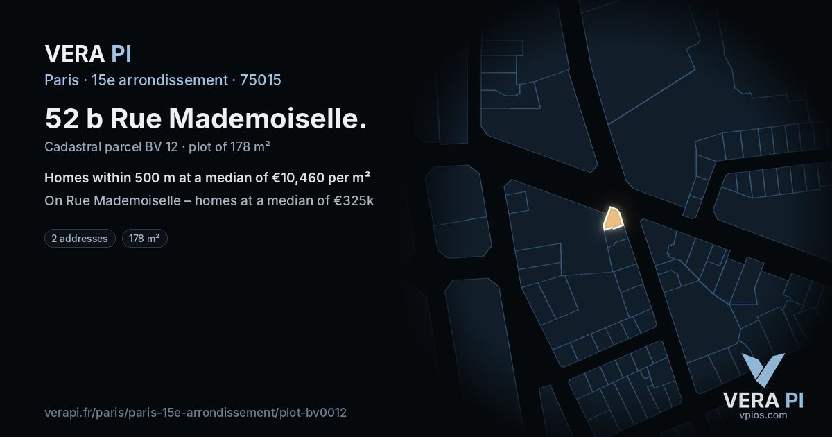 52 b Rue Mademoiselle, 15e arrondissement at night – the plot lit, the parcels around coloured by the prices near them