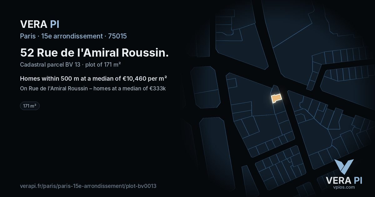52 Rue de l'Amiral Roussin, 15e arrondissement at night – the plot lit, the parcels around coloured by the prices near them