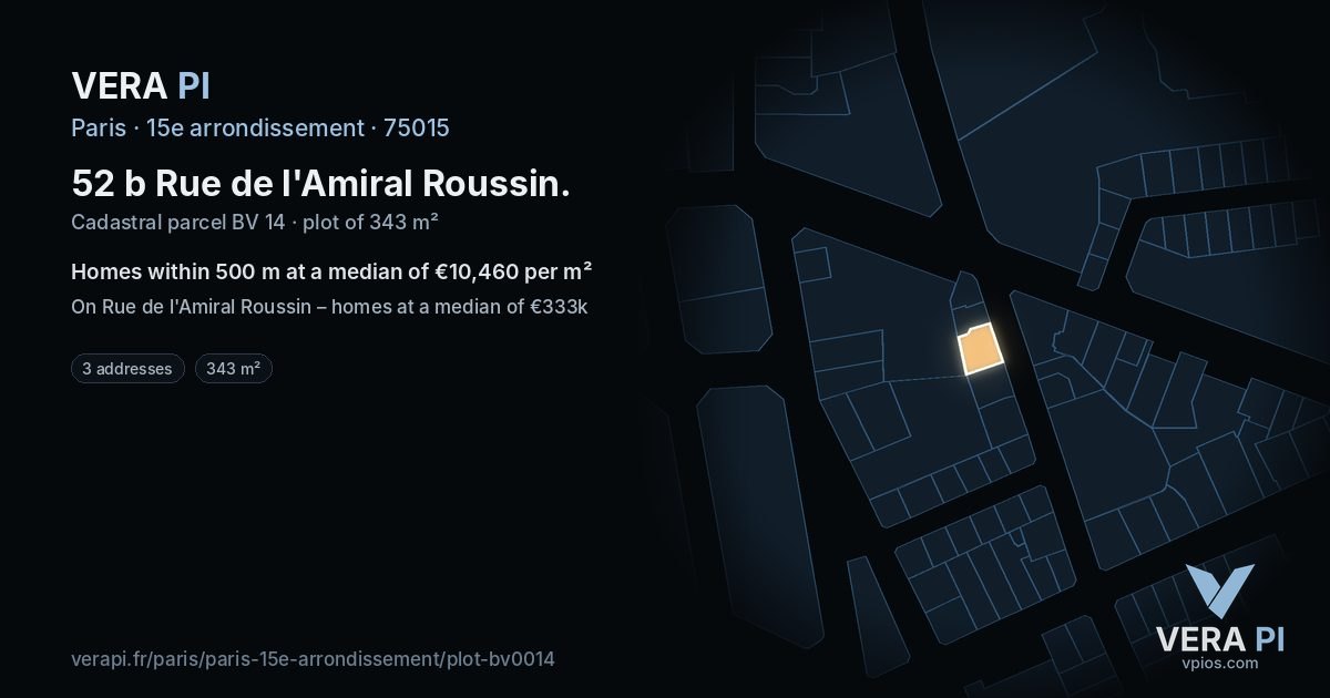 52 b Rue de l'Amiral Roussin, 15e arrondissement at night – the plot lit, the parcels around coloured by the prices near them