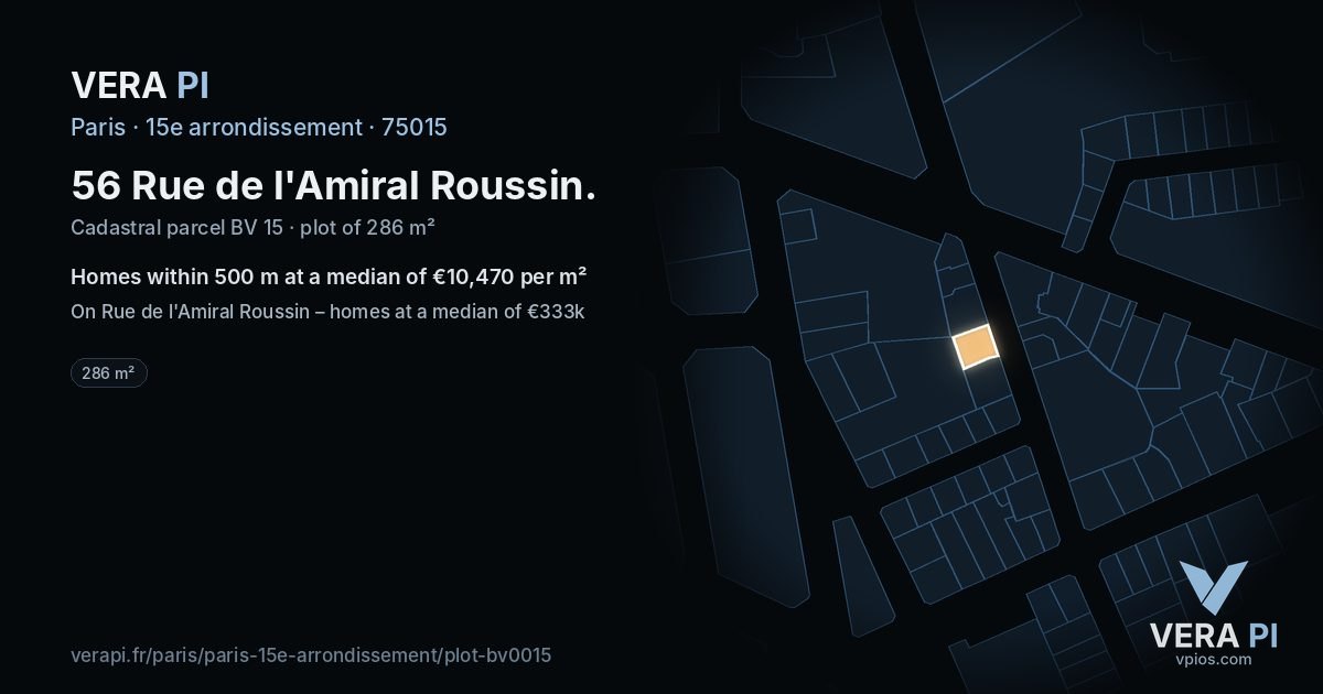 56 Rue de l'Amiral Roussin, 15e arrondissement at night – the plot lit, the parcels around coloured by the prices near them