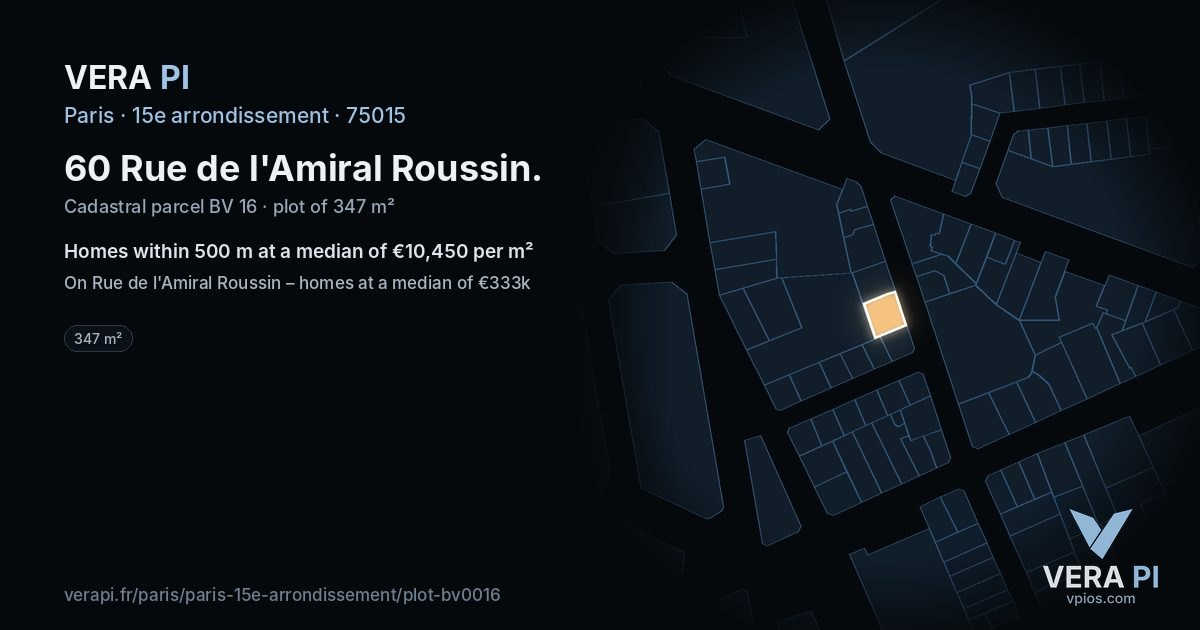 60 Rue de l'Amiral Roussin, 15e arrondissement at night – the plot lit, the parcels around coloured by the prices near them