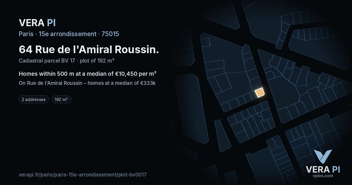 64 Rue de l'Amiral Roussin, 15e arrondissement at night – the plot lit, the parcels around coloured by the prices near them