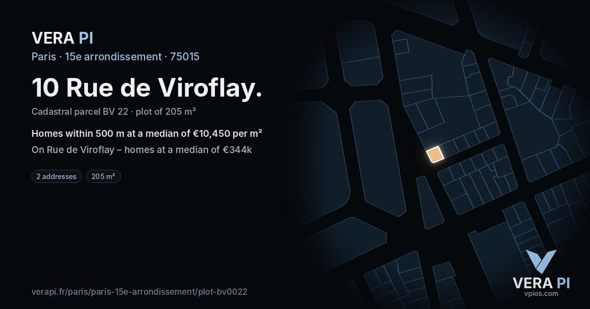 10 Rue de Viroflay, 15e arrondissement at night – the plot lit, the parcels around coloured by the prices near them