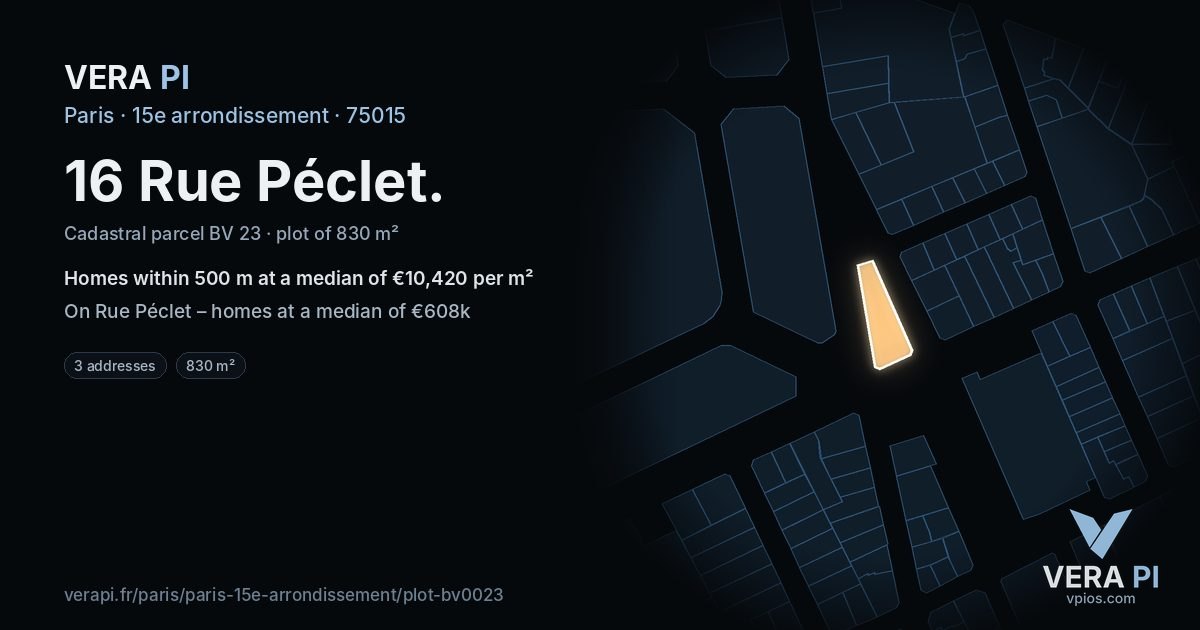 16 Rue Péclet, 15e arrondissement at night – the plot lit, the parcels around coloured by the prices near them