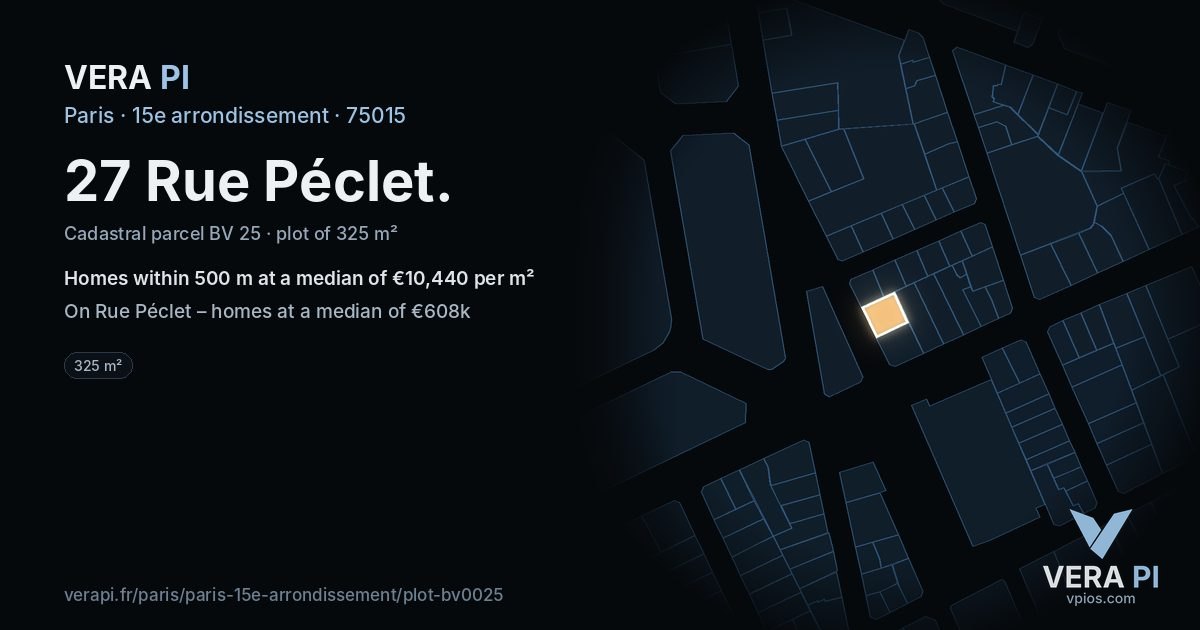 27 Rue Péclet, 15e arrondissement at night – the plot lit, the parcels around coloured by the prices near them