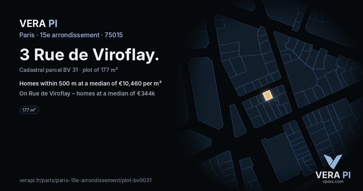 3 Rue de Viroflay, 15e arrondissement at night – the plot lit, the parcels around coloured by the prices near them