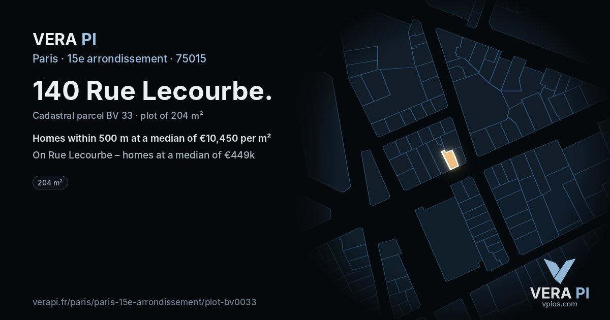 140 Rue Lecourbe, 15e arrondissement at night – the plot lit, the parcels around coloured by the prices near them