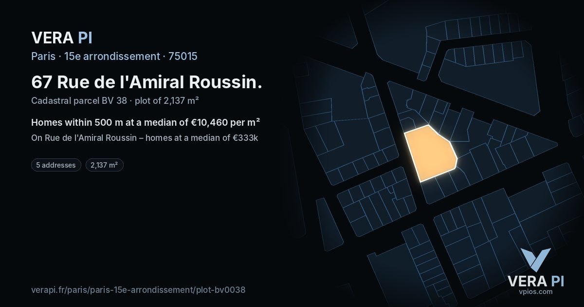 67 Rue de l'Amiral Roussin, 15e arrondissement at night – the plot lit, the parcels around coloured by the prices near them