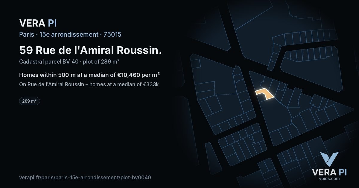 59 Rue de l'Amiral Roussin, 15e arrondissement at night – the plot lit, the parcels around coloured by the prices near them