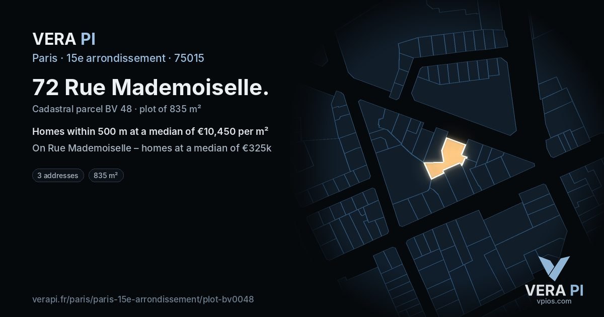 72 Rue Mademoiselle, 15e arrondissement at night – the plot lit, the parcels around coloured by the prices near them