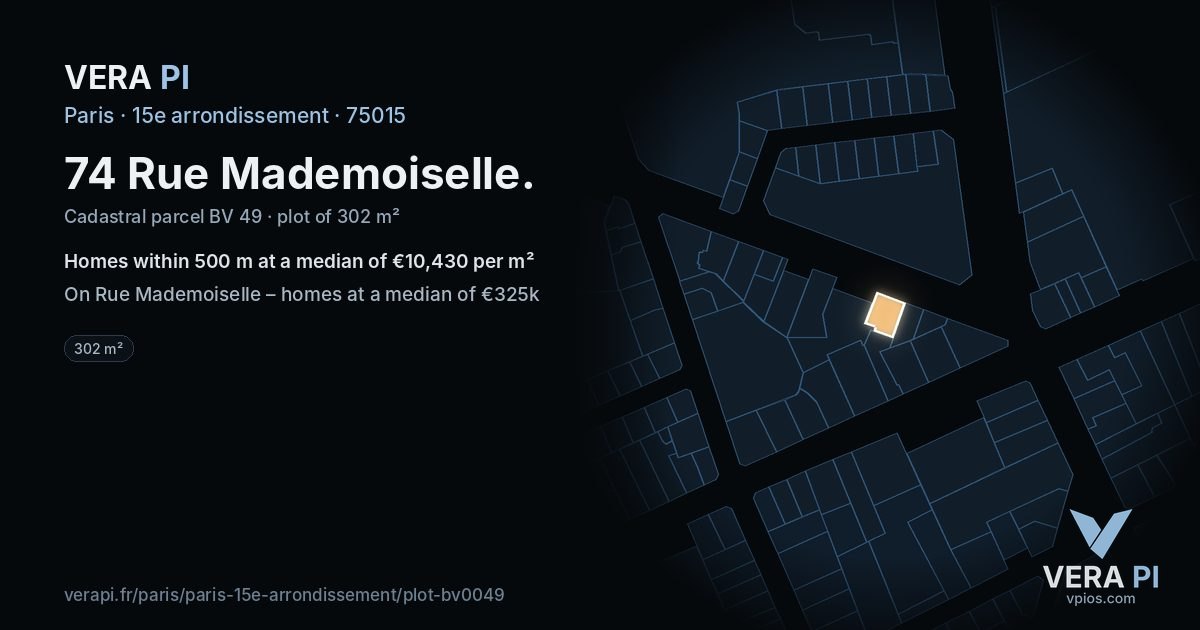 74 Rue Mademoiselle, 15e arrondissement at night – the plot lit, the parcels around coloured by the prices near them