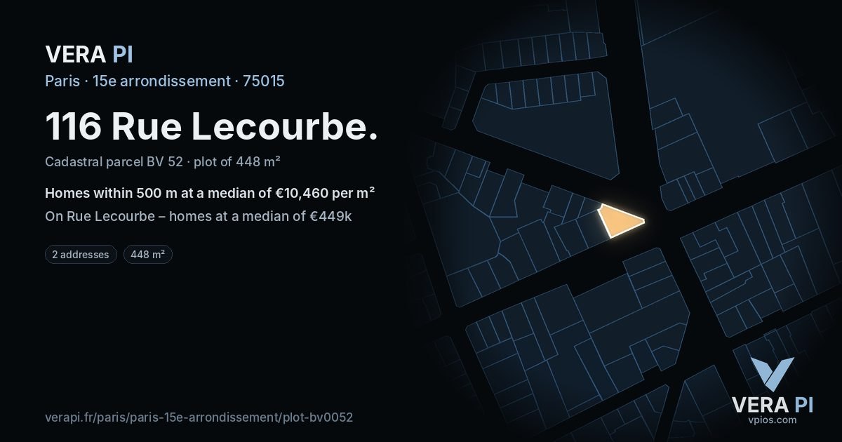 116 Rue Lecourbe, 15e arrondissement at night – the plot lit, the parcels around coloured by the prices near them