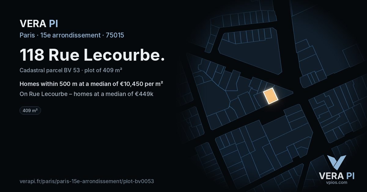 118 Rue Lecourbe, 15e arrondissement at night – the plot lit, the parcels around coloured by the prices near them