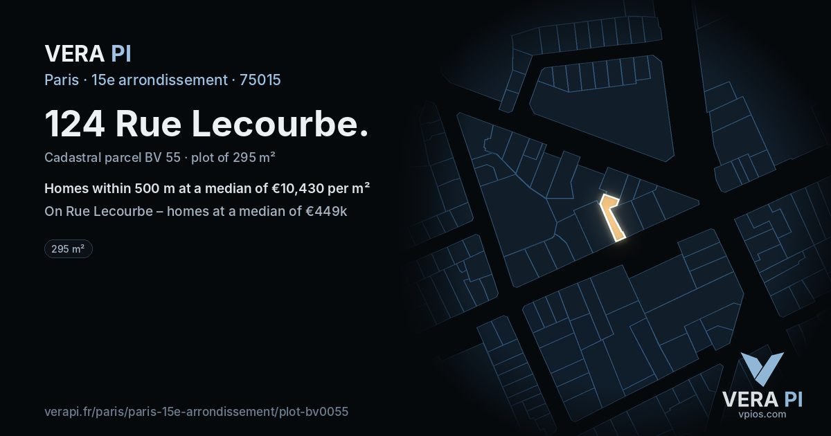 124 Rue Lecourbe, 15e arrondissement at night – the plot lit, the parcels around coloured by the prices near them