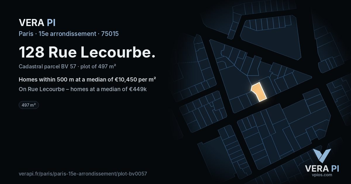 128 Rue Lecourbe, 15e arrondissement at night – the plot lit, the parcels around coloured by the prices near them