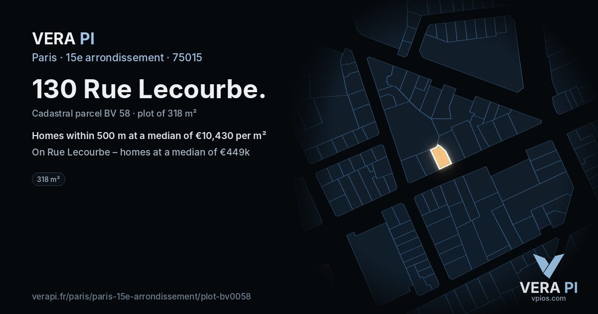 130 Rue Lecourbe, 15e arrondissement at night – the plot lit, the parcels around coloured by the prices near them
