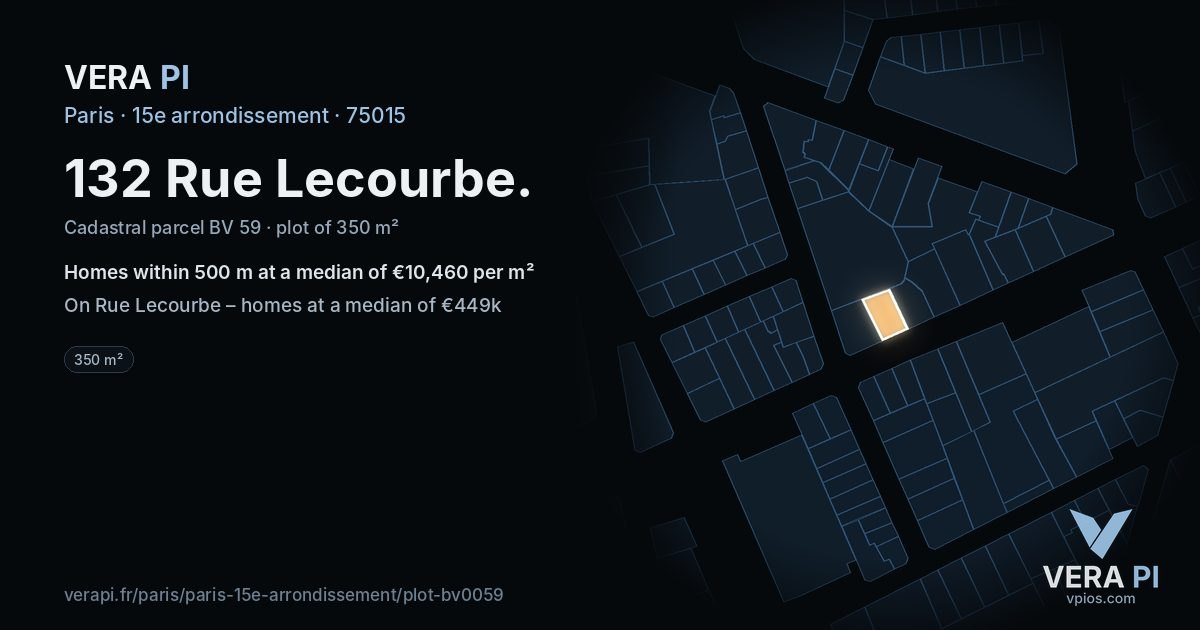 132 Rue Lecourbe, 15e arrondissement at night – the plot lit, the parcels around coloured by the prices near them