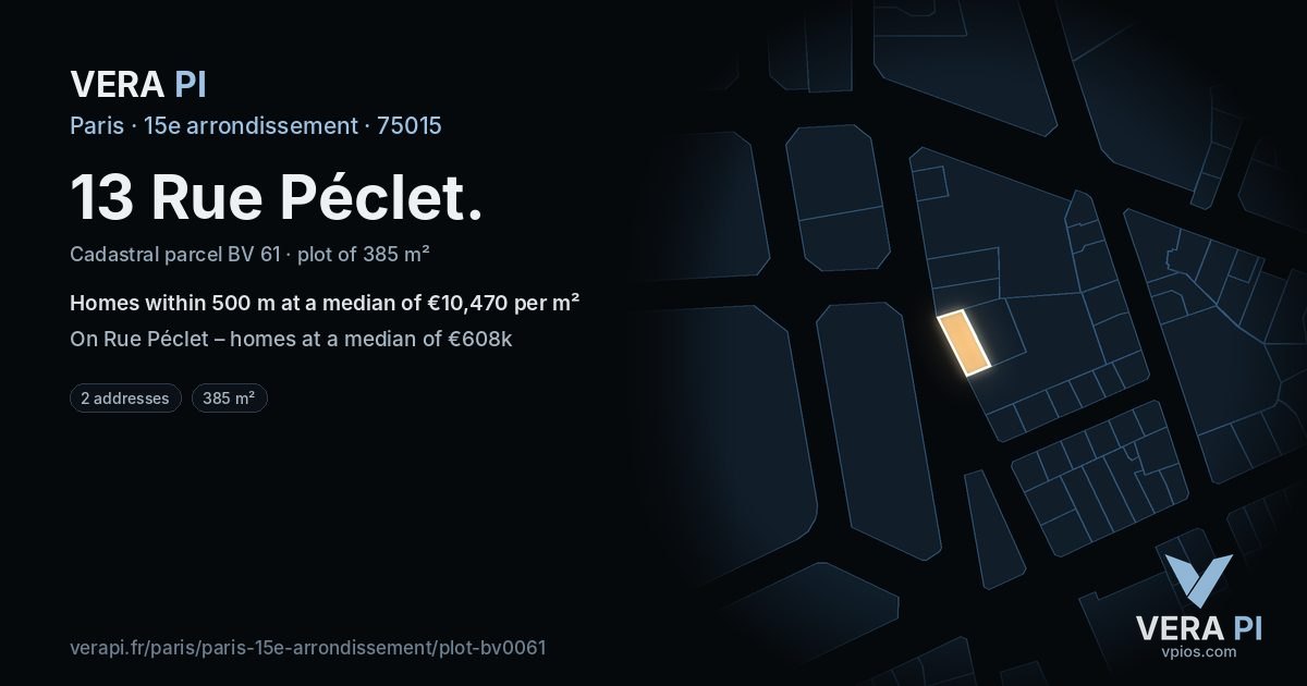 13 Rue Péclet, 15e arrondissement at night – the plot lit, the parcels around coloured by the prices near them